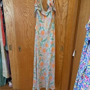 ASTR Floral Ruffle Neck Maxi Dress - Peach, Mint & Cream
